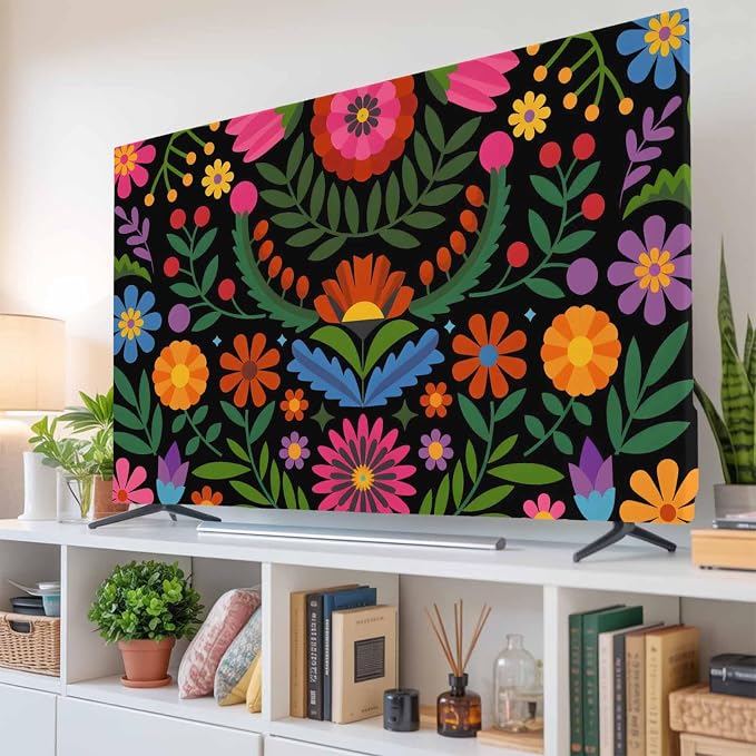 Abstract Boho Flower Floral on Black Indoor TV Cover, Elastic TV Screen by Unknown
