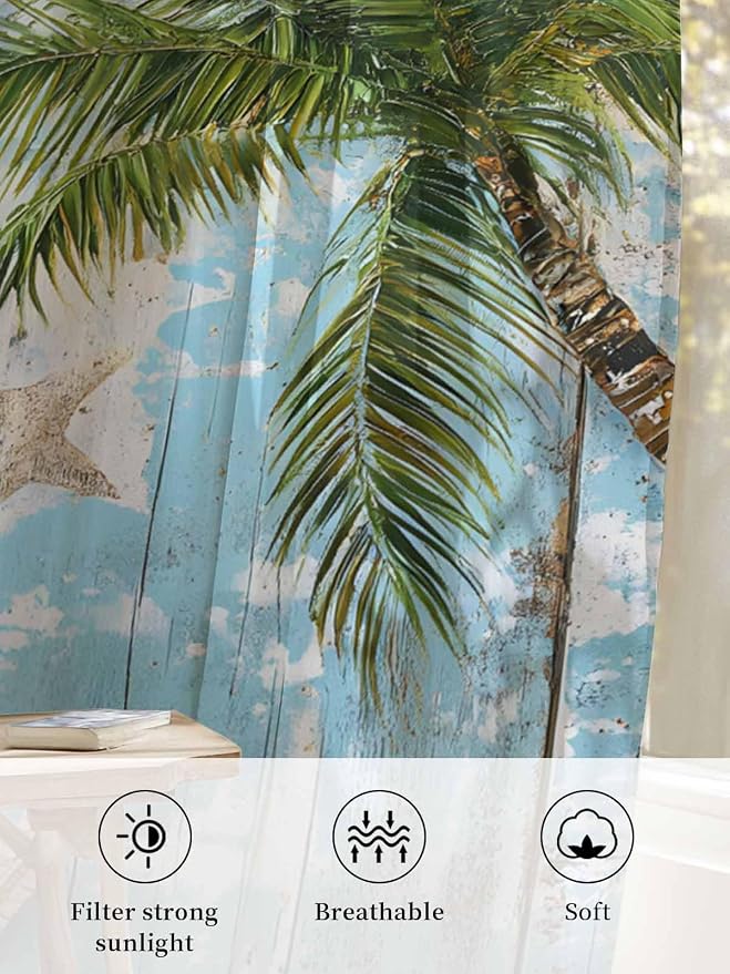 Sheer Curtains 96 Inches Long, Coastal Beach Blue Semi Sheer Curtains Light - Image 6