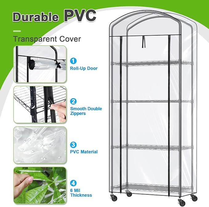 Abimars 4-Tier Greenhouse with Wheels, Height-Adjustable Shelves Metal Plant - Image 5