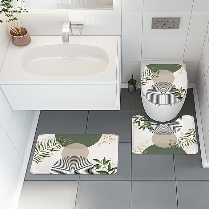 4 PCS Green Boho 72Wx72H Shower Curtain Set Abstract Gold Grey Modern - Image 2
