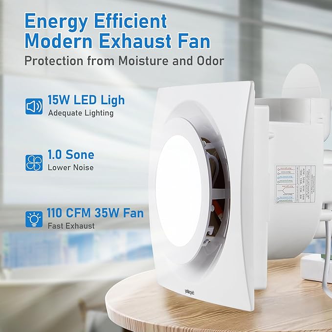 Bathroom Exhaust Fan with Light, 8 Inch Bathroom Ventilation Fan, 110 CFM 1.0 - Image 6