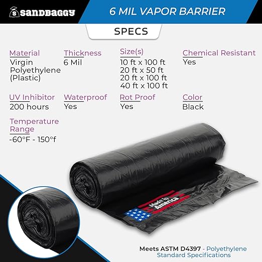 Sandbaggy 20 ft x 100 ft Vapor Barrier 6 Mil | Polyethylene | Black Plastic - Image 2