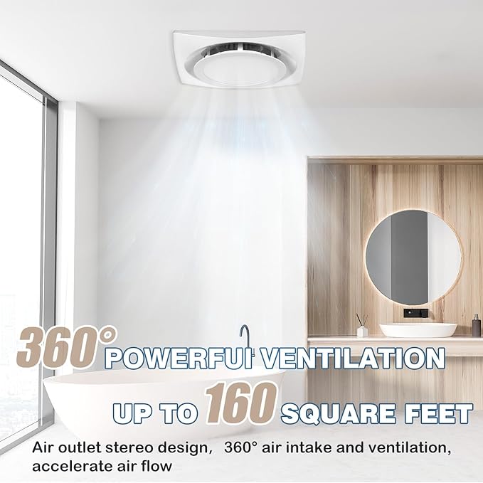 Bathroom Exhaust Fan with Light, 110 CFM, 1.0 Sones, 12.16” Ceiling Vent Fan - Image 4