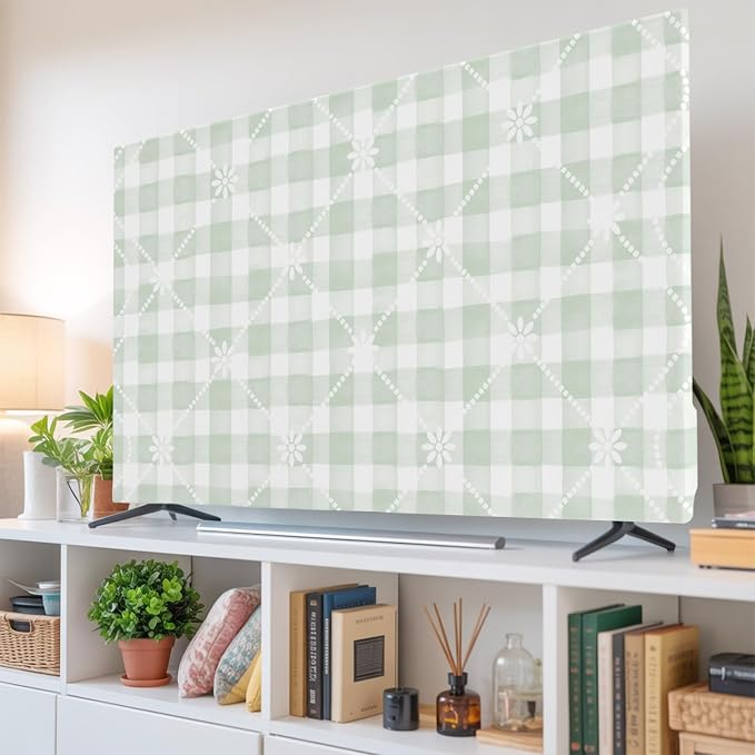 Sage Green Plaid White Lattice Flower Indoor TV Cover, Elastic TV Screen by Unknown