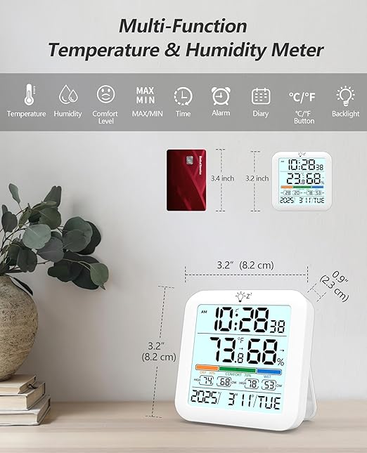 Mini Digital Indoor Thermometer Hygrometer Clock, Room Temperature Humidity - Image 2