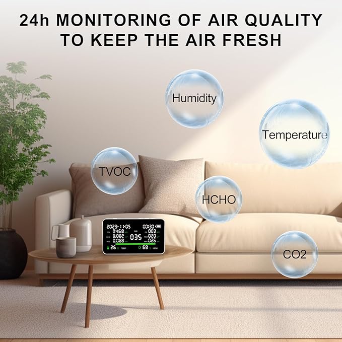 11-in-1 Air Quality Monitor, Indoor CO2/VOC/AQI/PM2.5/Thermometer/Humidity - Image 2