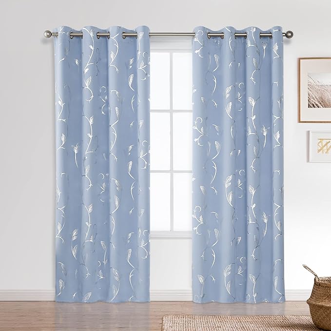 BUHUA Blue Blackout Curtain 2 Panel Set Vine Foil Print Thermal Insulated - Image 2
