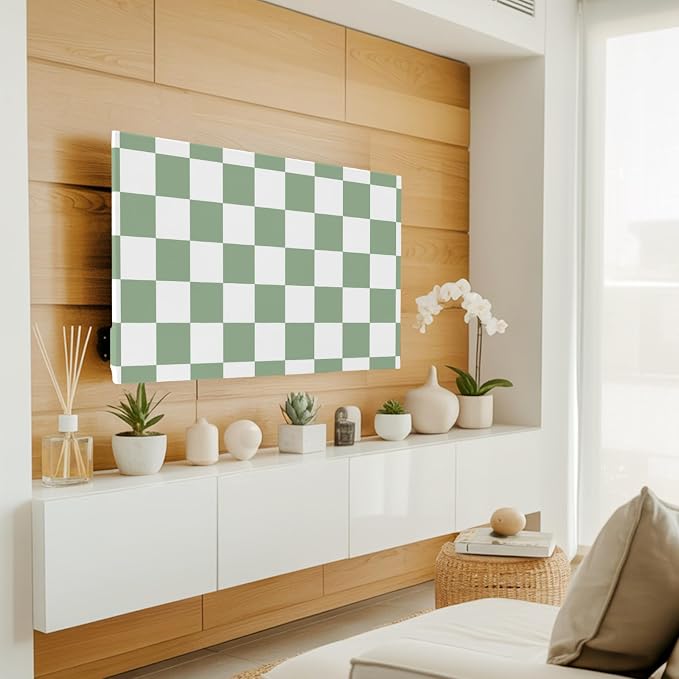White Sage Green Buffalo Plaid Indoor TV Cover, Elastic TV Screen Protector - Image 3