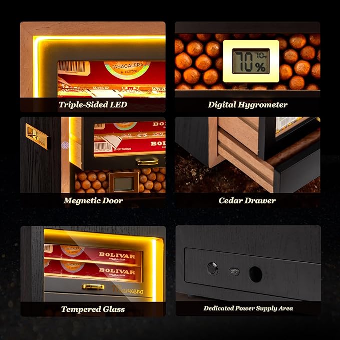 Cigar Humidor, Desktop Humidor Cabinet Triple-Sided Light - Image 8