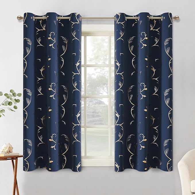 BUHUA Blackout Curtains Gold Foil Print Flower Vine Grommet Drapes, Room - Image 2