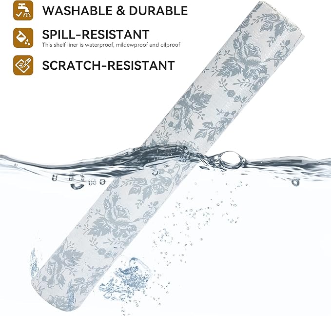 RAY STAR Shelf Liner, Non Adhesive Silver Floral Kitchen Cabinet Liner - Image 2