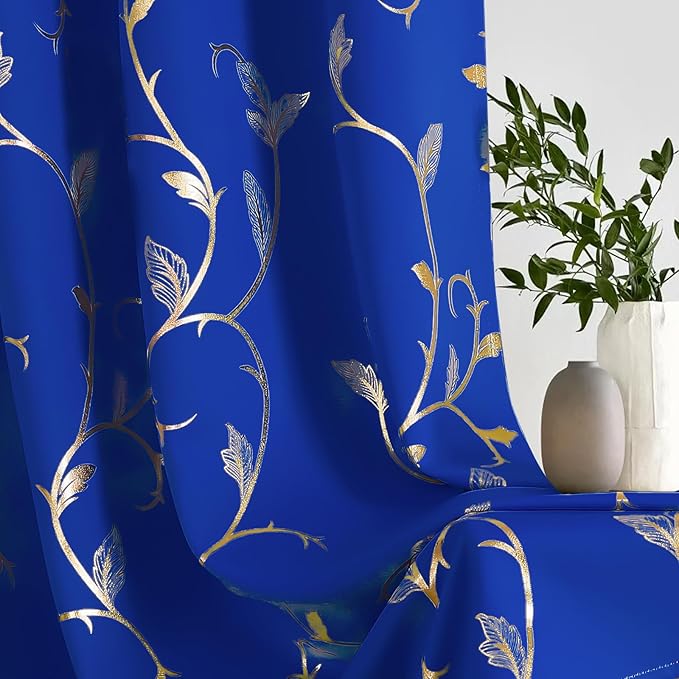 BUHUA Blackout Curtains Gold Foil Print Flower Vine Grommet Drapes, Room - Image 5