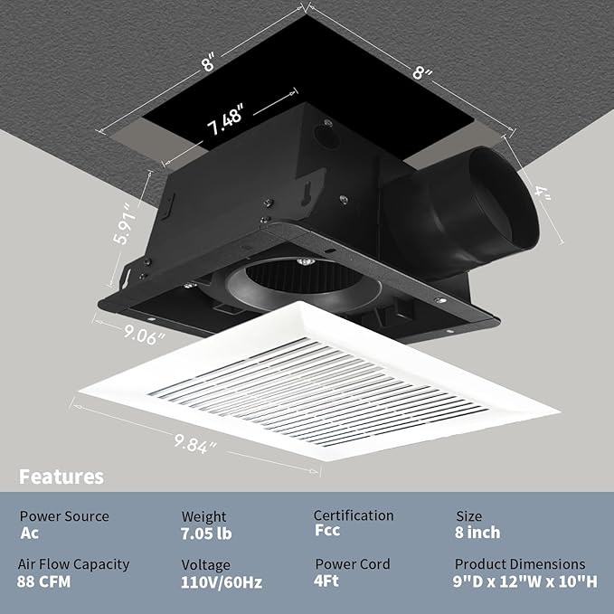 Bathroom Exhaust and Ventilation Fan 88CFM, Ultra-quiet Bath Fan Ceiling Mount - Image 3