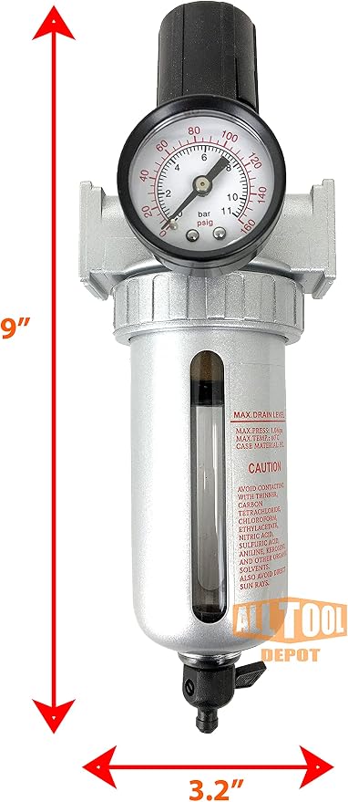 3/8" NPT Mid Flow Compressed Air In Line Filter Regulator Combo Piggyback - Image 2