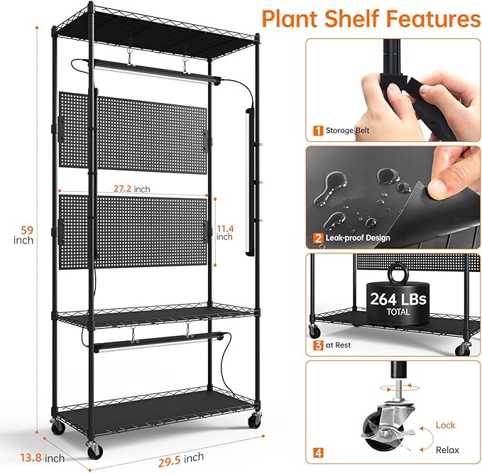 Bstrip Plant Cabinet with Pegboard, 3 Tier Plant Shelf with Grow Light - Image 9