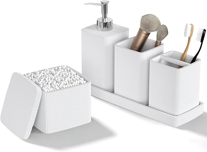 White Bathroom Accessories Set 5 Pieces, Resin Toothbrush Holders Set Complete by LetUsMakeHomeYourFavoriteDestination