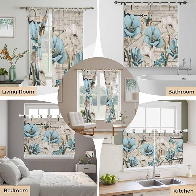 Teal Blue Tulips Bathroom Curtains 63 Inch Length, Window Curtains Tab Top - Image 7
