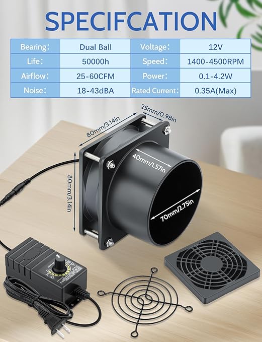 Wathai 80mm 12V DC Axial Exhaust Fan Small Fume Extractor - Image 2