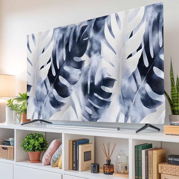 Farmhouse Blue Gray Leaf Indoor TV Cover, Elastic TV Screen Protector by Unknown
