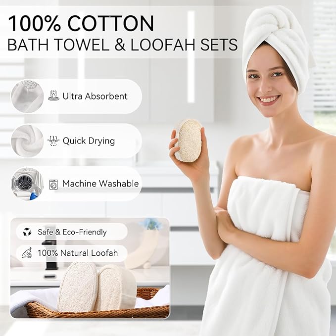 Resin White Bathroom Set, Bath Towel Set, Natural Loofah Sponge, Soap Dispenser - Image 5