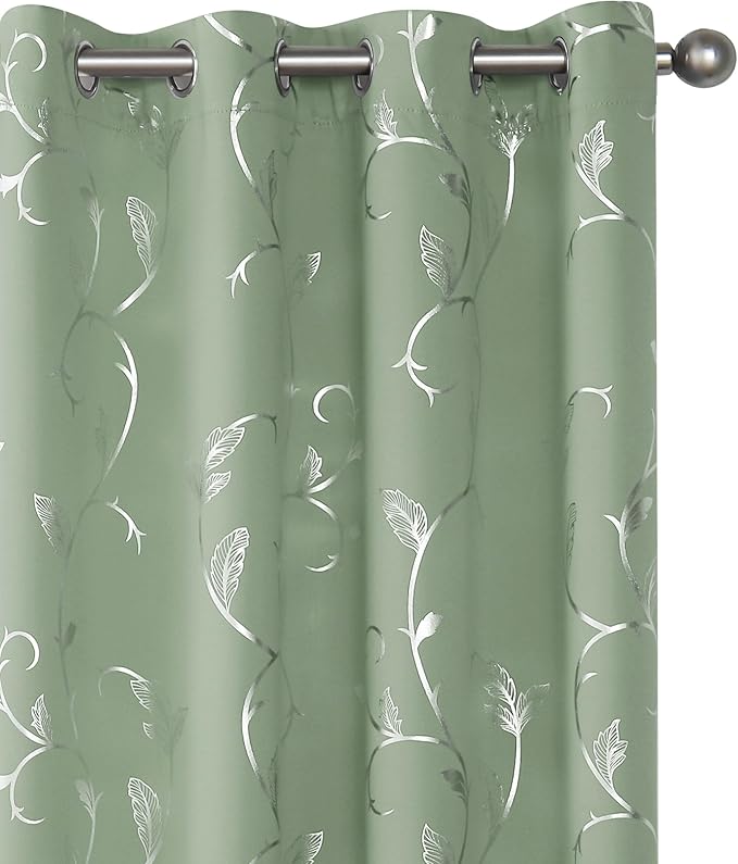 BUHUA Blackout Curtains Silver Foil Print Flower Vine Grommet Drapes, Room by BUHUA