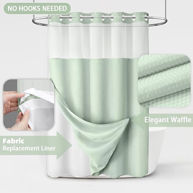 No Hook Shower Curtain and Liner Set, Mint Green Hotel Waffle Shower Curtain - Image 3