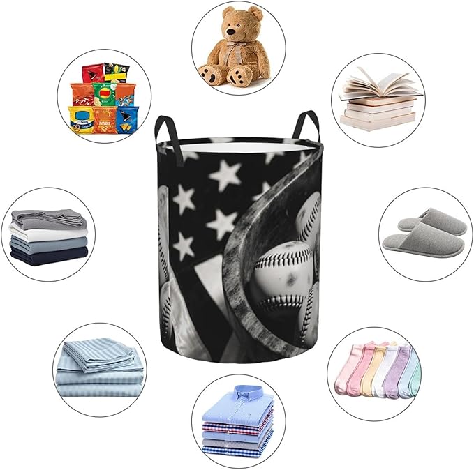 Vintage Baseballs Retro Flag Display Design Round Laundry Hamper Bag - Image 6