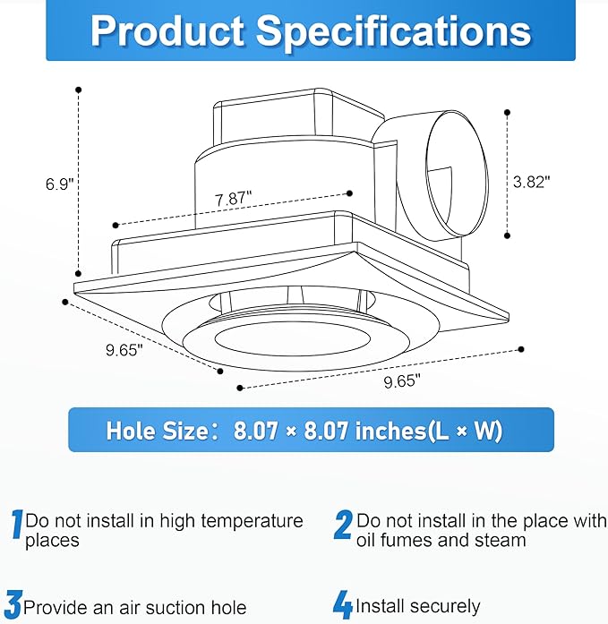 Bathroom Exhaust Fan with Light, 8 Inch Bathroom Ventilation Fan, 110 CFM 1.0 - Image 4