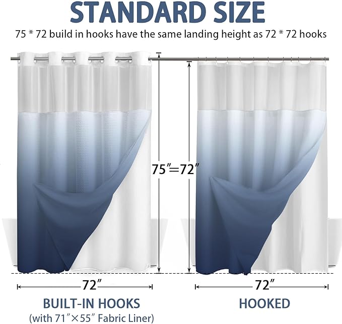 No Hook Shower Curtain and Liner Set, Ombre Blue Hotel Waffle Shower Curtain - Image 6