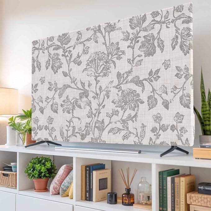 Watercolor Gray Flower Leaves Indoor TV Cover, Elastic TV Screen Protector - Image 6