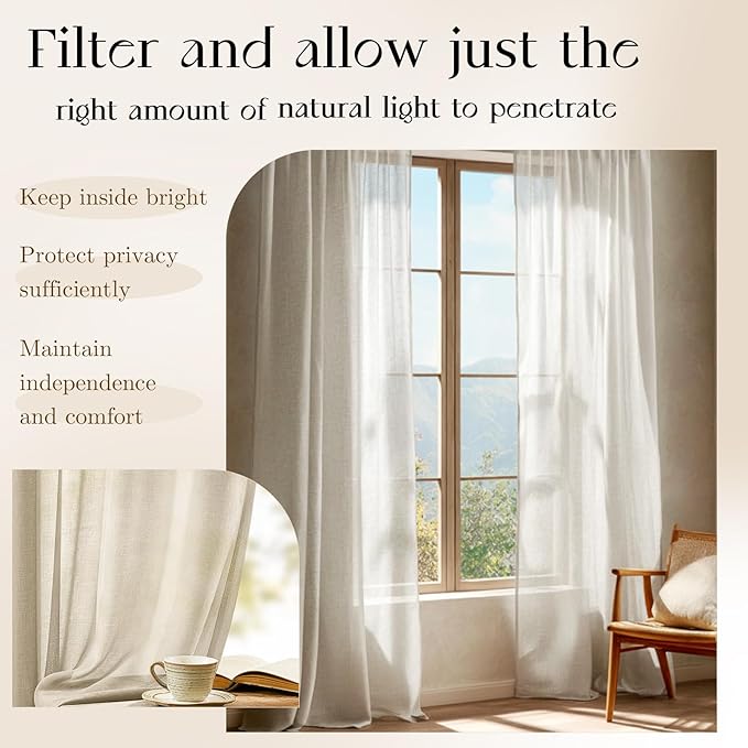 Dreaming Casa Taupe Sheer Curtains 84 Inches Long, Rod Pocket & Back Tab Light - Image 3