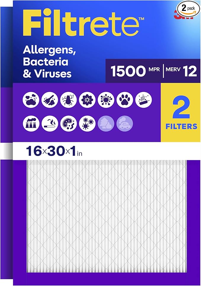 Filtrete 16x30x1 Air Filter, MERV 12, MPR 1500, Bacteria & Viruses, 3-Month AC by Unknown