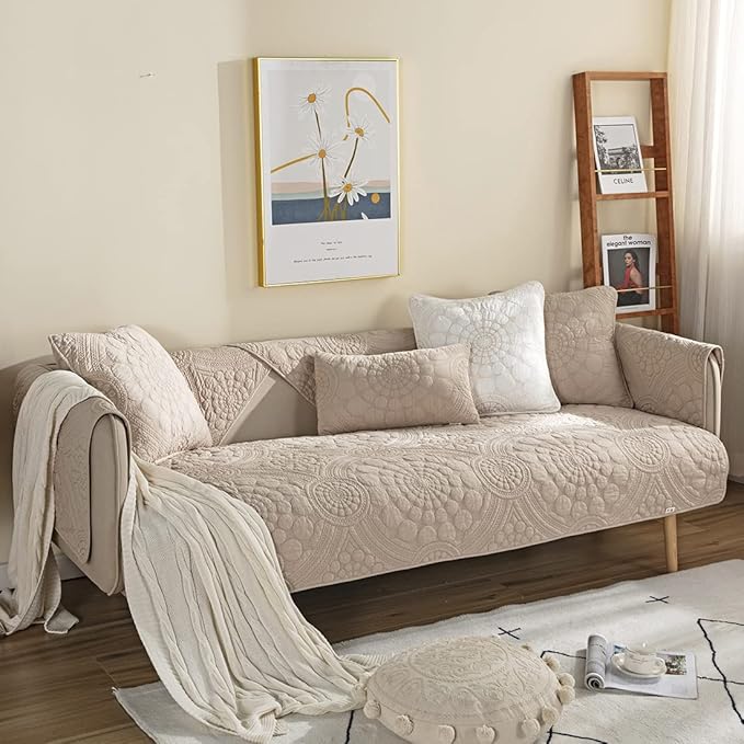 vctops Boho Circle Embroidery Couch Sofa Cover Solid Color Cotton Quilted - Image 3