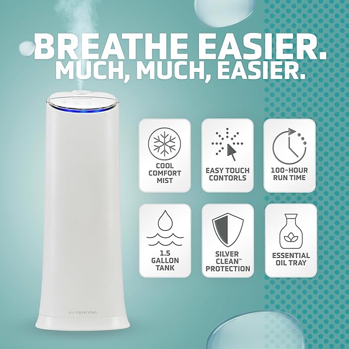 PureGuardian Ultrasonic Cool Mist Humidifier, 100 Hrs. Run Time, 1.5 Gallon Tank - Image 2
