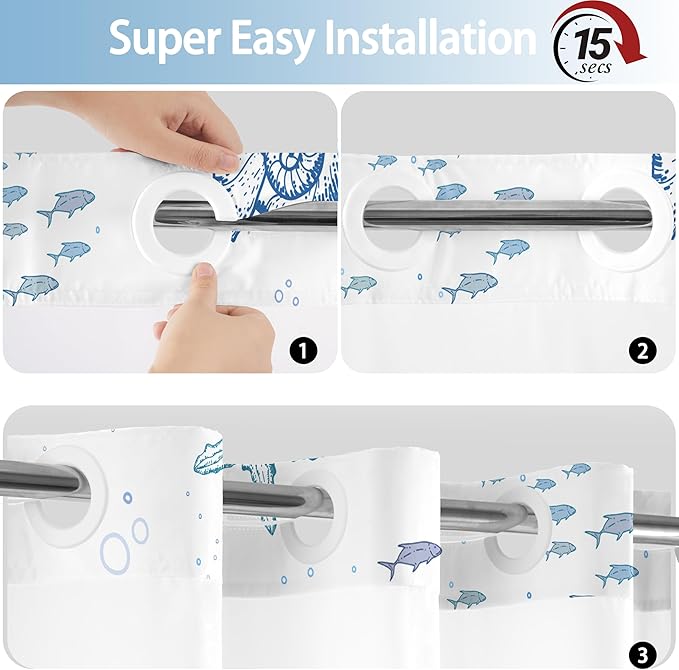 No Hook Shower Curtain with Snap in Liner, Beach Ocean Nautical Coastal Shower - Image 6