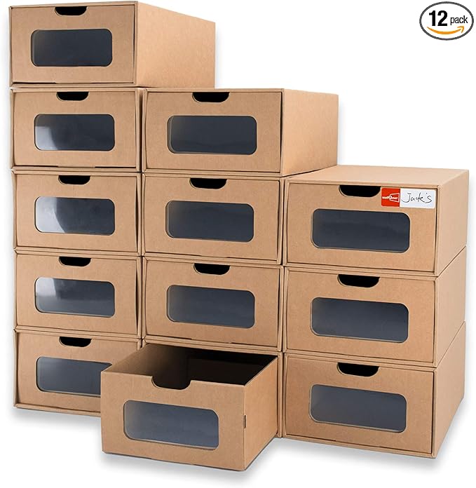 Shoe Boxes Cardboard, 12 Pack, Big Size, Waterproof, Heavy Duty, Stackable Shoe by WALLQMER