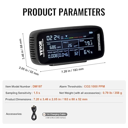 VEVOR Air Quality Monitor 9-in-1, Temperature, Formaldehyde TVOC AQI Tester - Image 7