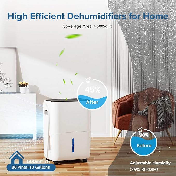 80 Pint Dehumidifier for Basement and Home, Covers up to 4, 500 Sq. Ft Rooms - Image 2