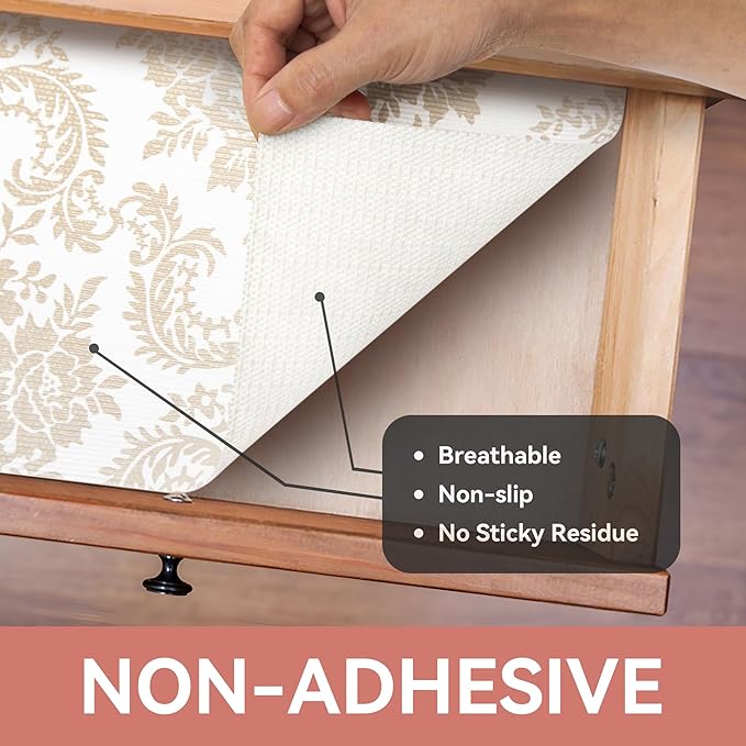 RAY STAR Shelf Liner, Non Adhesive Golden Damask Floral Cabinet Liner - Image 8