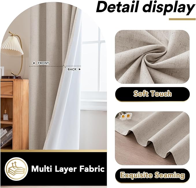 PrinceDeco Nature Linen Blackout Curtains 96 Inch Long Thermal Insulated - Image 6