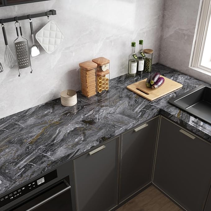 CRE8TIVE Dark Grey Gold Marble Contact Paper 12"x80" Glossy Slate Marble - Image 2