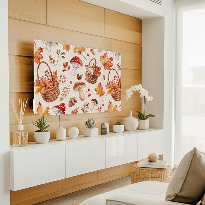 Watercolor Maple Leaves Mushroom Indoor TV Cover, Elastic TV Screen Protector - Image 3