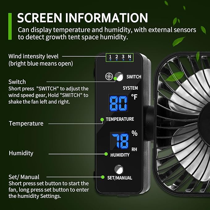 2-Pack 4” Grow Tent Fan With Temperature And Humidity Meter, Automatic Humidity - Image 6