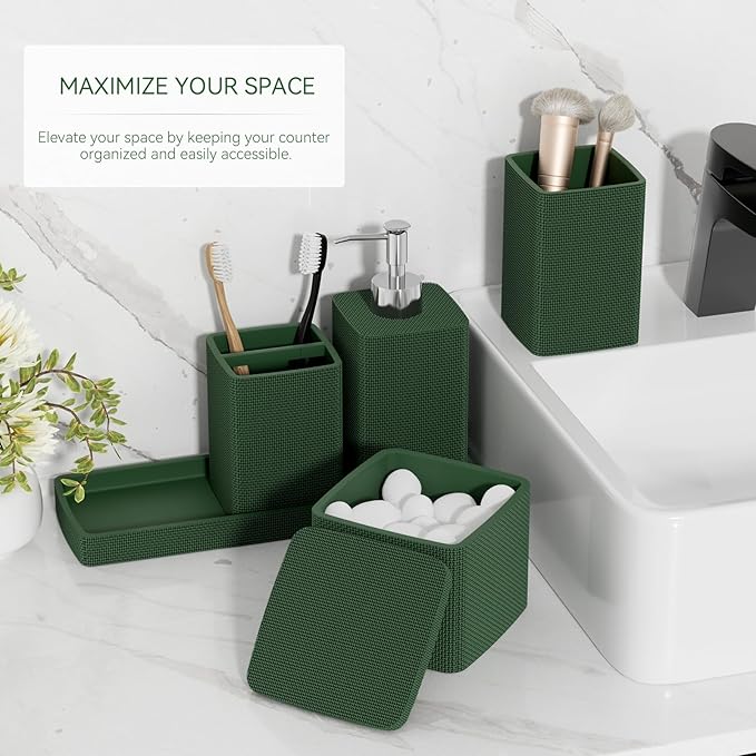 Dark Green Bathroom Accessories Set 5 Pieces, Resin Toothbrush Holders Set - Image 2