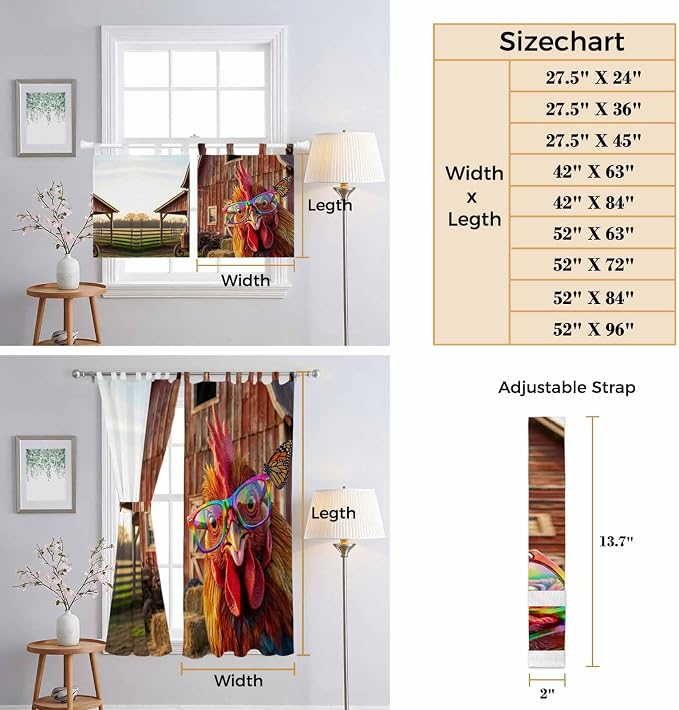Farm Rooster Kitchen Curtains 45 Inch Length, Short Cafe Window Curtains Tab Top - Image 8