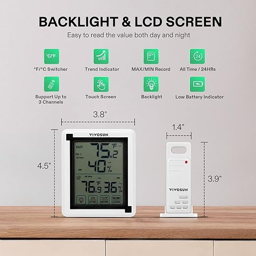 VIVOSUN Indoor Outdoor Thermometer Wireless Digital Hygrometer Temperature and - Image 7