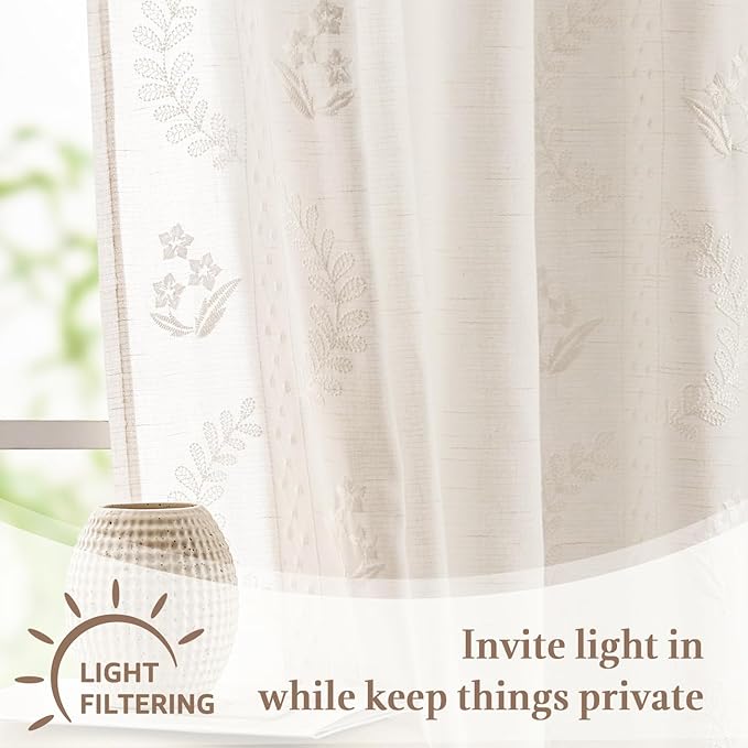 jinchan Belrose Linen Floral Kitchen Curtains 36 inch Length Embroidered - Image 7