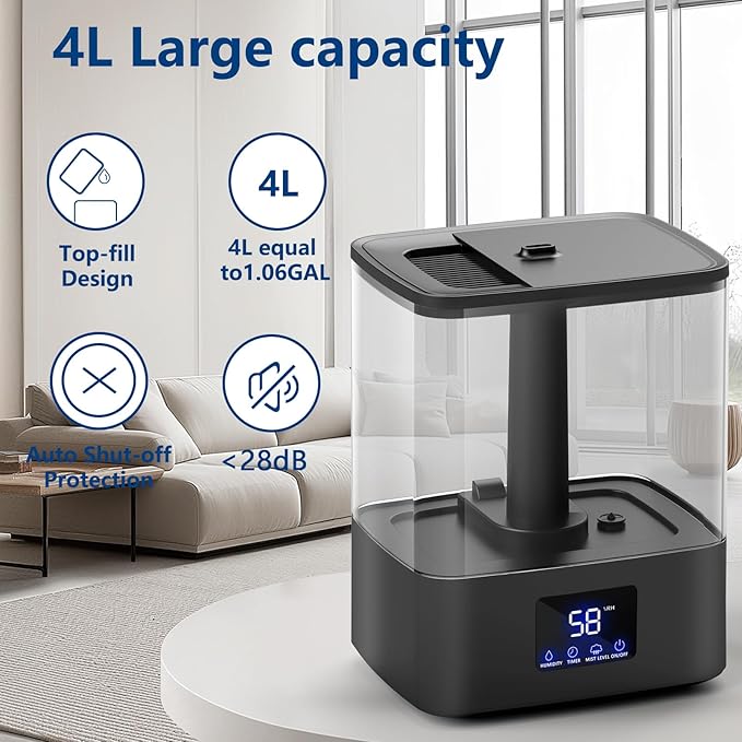 KZF 4L Top Fill Humidifiers for Bedroom & 60H Runtime - Image 2
