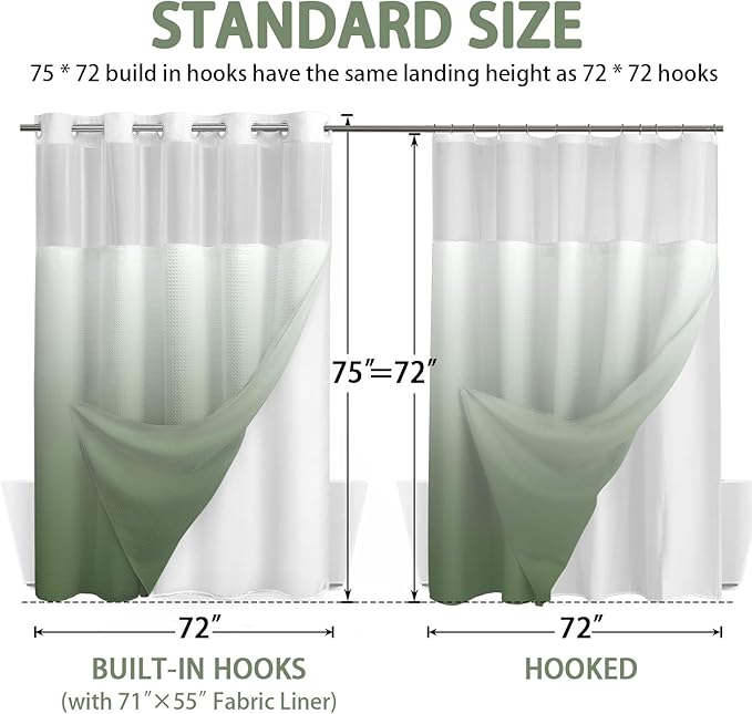 No Hook Shower Curtain and Liner Set, Ombre Green Hotel Waffle Shower Curtain - Image 6
