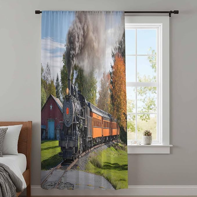 Steam Train Sheer Curtains 45 Inch Length Railroad Country Barn Rustic Trees - Image 4